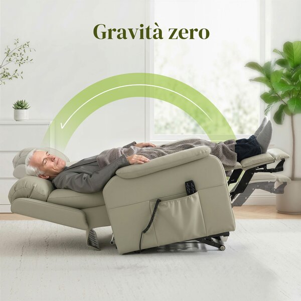 HOMCOM Poltrona Elettrica Alzapersona Reclinabile 170° in Pelle Finta Traspirante con 2 Motori, Telecomando, 4 Ruote, Freno, Poggiapiedi, Tasche Laterali, Crema | Aosom Italy