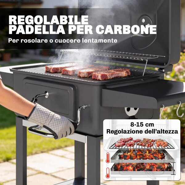 Outsunny Barbecue a Carbone, Affumicatore Portatile con Ventilazione, Termometro e Mensole Laterali, Nero | Aosom Italy