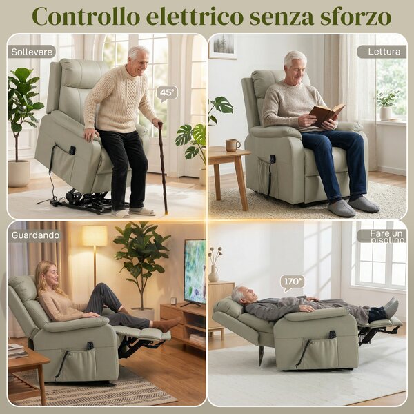 HOMCOM Poltrona Elettrica Alzapersona Reclinabile 170° in Pelle Finta Traspirante con 2 Motori, Telecomando, 4 Ruote, Freno, Poggiapiedi, Tasche Laterali, Crema | Aosom Italy