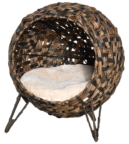 PawHut Cuccia in rattan per gatti con cuscino, cuccia rialzata Marrone Ø52 x 58 cm | Aosom Italy