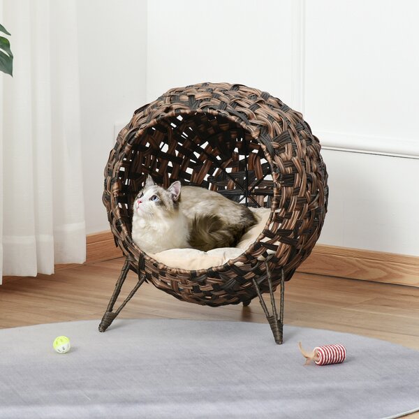 PawHut Cuccia in rattan per gatti con cuscino, cuccia rialzata Marrone Ø52 x 58 cm | Aosom Italy