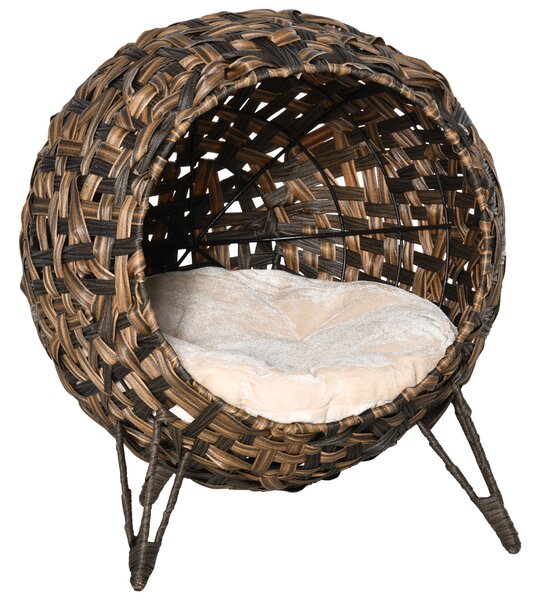 PawHut Cuccia in rattan per gatti con cuscino, cuccia rialzata Marrone Ø52 x 58 cm | Aosom Italy