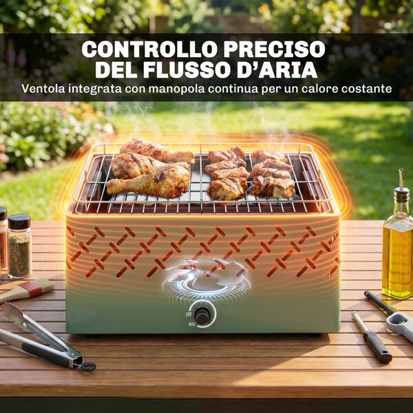 Outsunny Barbecue Portatile a Carbone con Ventilatore Integrato per Esterni, Verde Chiaro | Aosom Italy