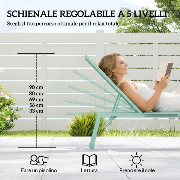 Outsunny Set 2 Lettini Prendisole Regolabili in 5 Posizioni con Tavolino Laterale e 2 Ruote, in Metallo e Poliestere, Verde | Aosom Italy