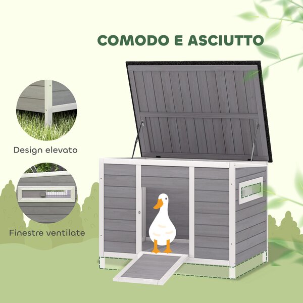 PawHut Casetta per Anatre con Tetto Apribile, Finestrelle e Rampa, in Legno, 93x70x72 cm, Multicolore | Aosom Italy