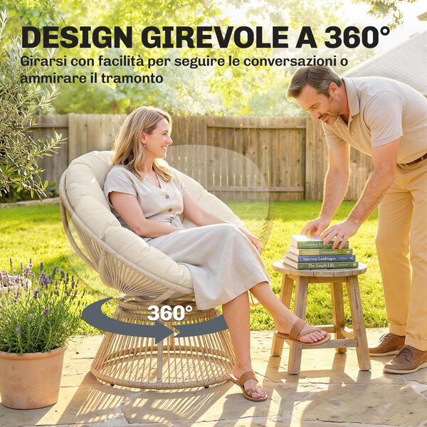 Outsunny Poltrona Papasan Rattan 360° Moon Chair con Cuscino Interni/Esterni, Bianco Crema | Aosom Italy