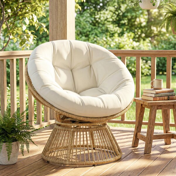 Outsunny Poltrona Papasan Rattan 360° Moon Chair con Cuscino Interni/Esterni, Bianco Crema | Aosom Italy