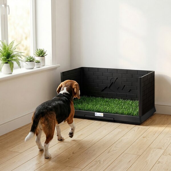 Toilette per Cani 75x51x36,5 cm con Vassoio Estraibile Pareti Laterali Erba Sintetica in PP e PE Nero