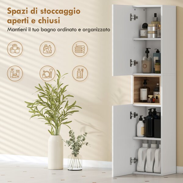 HOMCOM Mobile da Bagno a 2 Ante con Spazio Aperto e Ripiani Regolabili, in Legno, 30x24x140 cm, Bianco | Aosom Italy
