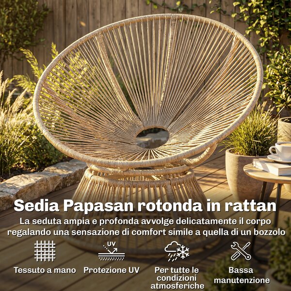 Outsunny Poltrona Papasan Rattan 360° Moon Chair con Cuscino Interni/Esterni, Bianco Crema | Aosom Italy