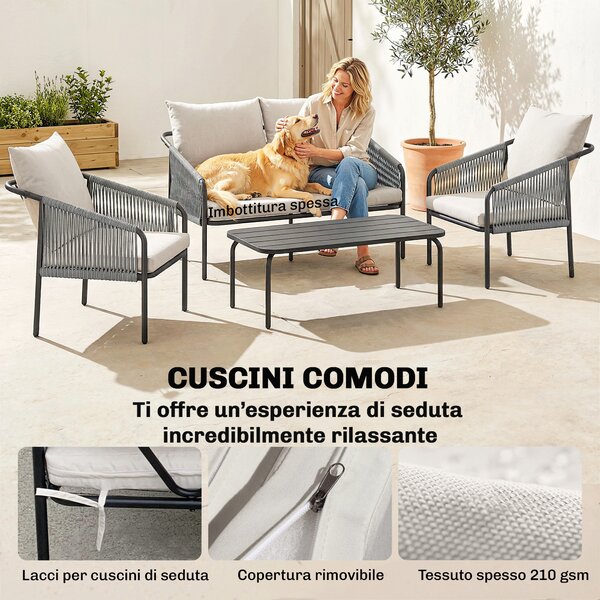 Outsunny Set da Giardino in Rattan 4 Pezzi con Divano, Poltrone, Tavolo, Khaki | Aosom Italy