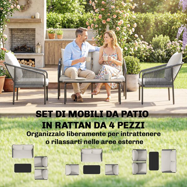 Outsunny Set da Giardino in Rattan 4 Pezzi con Divano, Poltrone, Tavolo, Khaki | Aosom Italy