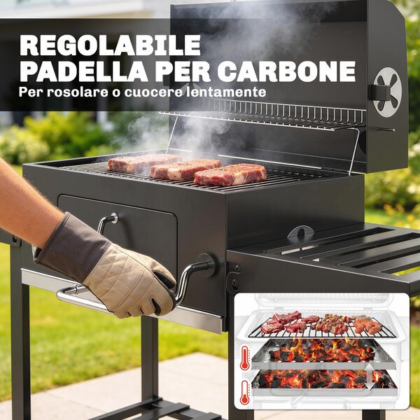 Outsunny Barbecue a Carbone a Rotelle con Griglia Regolabile e Ripiani Pieghevoli, in Acciaio e PP, 133.5x65x110 cm, Nero | Aosom Italy