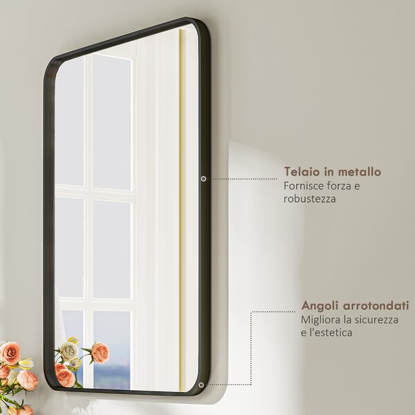 HOMCOM Specchio Bagno con Cornice in Metallo e Gancio, 60x2.5x80 cm, Nero | Aosom Italy