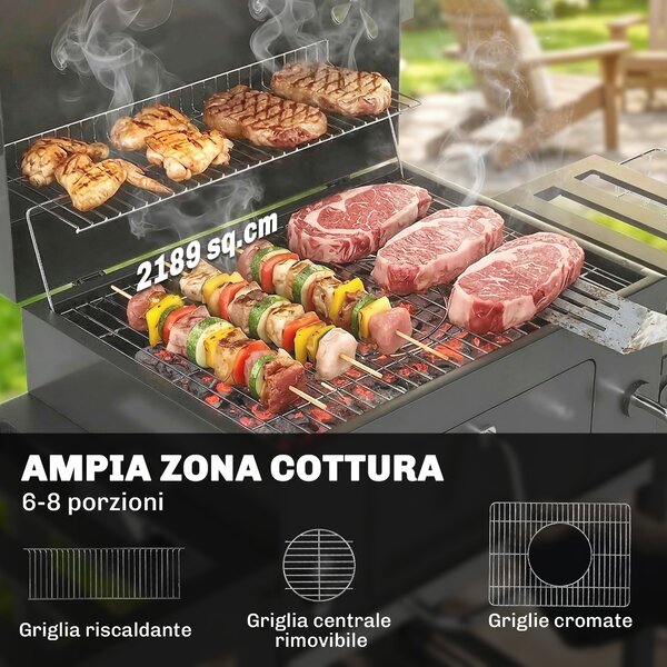 Outsunny Barbecue a Carbone a Rotelle con Griglia Regolabile e Ripiani Pieghevoli, in Acciaio e PP, 133.5x65x110 cm, Nero | Aosom Italy
