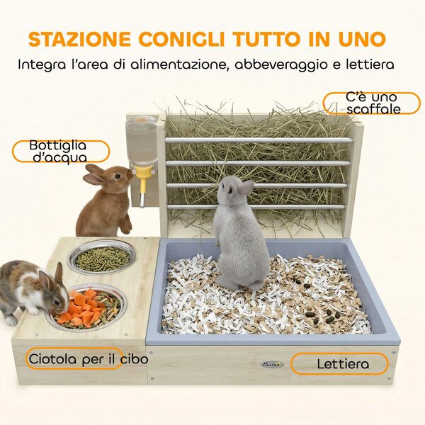 PawHut Mangiatoia per Fieno con Portafieno e Lettiera, Stazione Alimentazione, Colore Legno Naturale | Aosom Italy