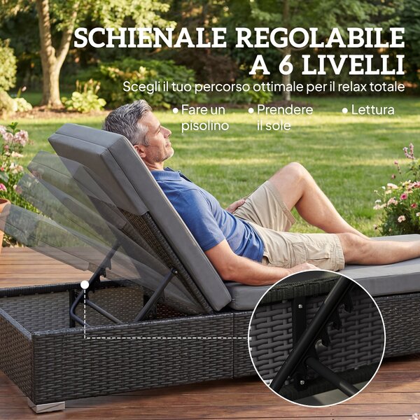 Outsunny Set 2 Sdraio da Giardino in Rattan con Tavolino Laterale e Schienale Regolabile, 184x60x22 cm, Grigio Scuro | Aosom Italy