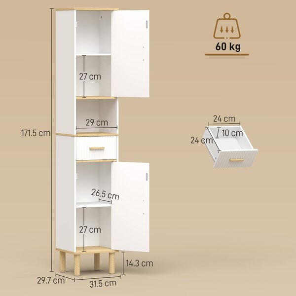 HOMCOM Armadietto 172 cm, Mobile Bagno con Cassetto e Ripiani Regolabili, Bianco | Aosom Italy