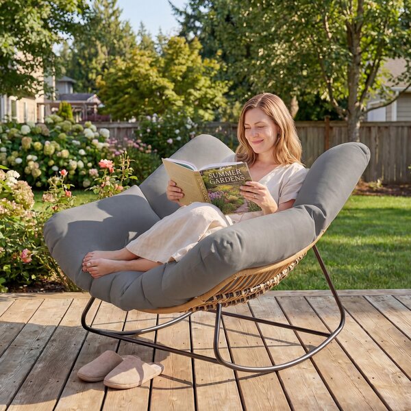 Outsunny Sedia a Dondolo da Interni ed Esterni con Seduta Extra Larga da 60 cm e Cuscino Imbottito, Grigio | Aosom Italy