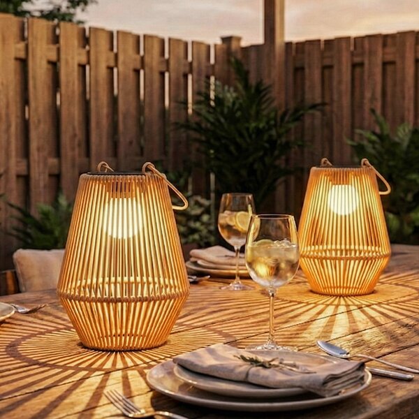 Outsunny Set di 2 Lampade Solari in Rattan,con Accensione/Spegnimento Automatico, IP44, 16x16x21 cm, Marrone | Aosom Italy
