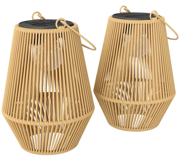 Outsunny Set di 2 Lampade Solari in Rattan,con Accensione/Spegnimento Automatico, IP44, 16x16x21 cm, Marrone | Aosom Italy
