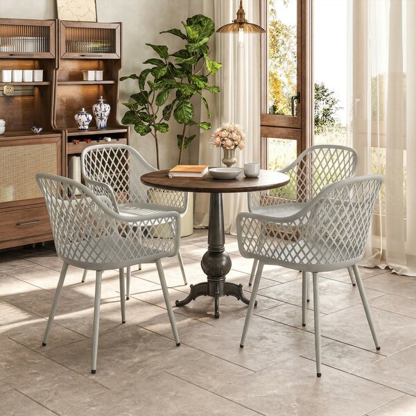 Outsunny Set di 4 Sedie da Giardino in PP con Schienale a Diamante, Seduta Anti-UV, Braccioli e Gambe Metalliche, Grigio | Aosom Italy