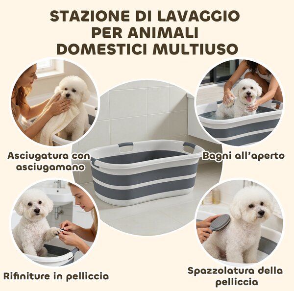 PawHut Vasca da Bagno per Cani, Vasca Pieghevole Portatile con Foro di Scarico, per Cani di Piccola Taglia e Cuccioli, Grigia | Aosom Italy