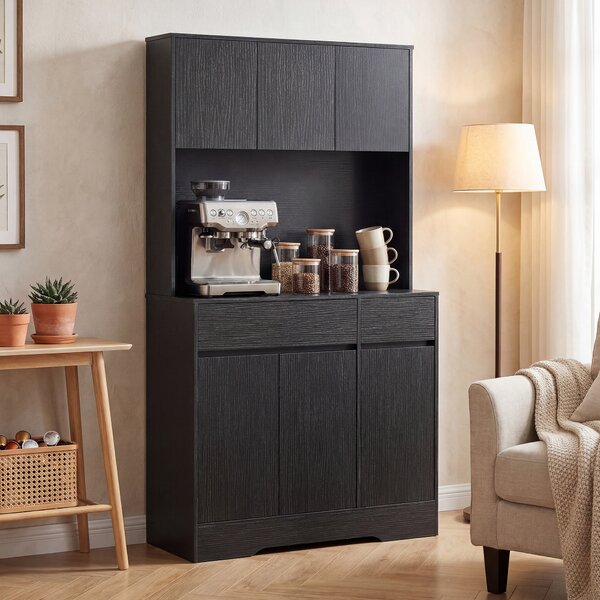 HOMCOM Credenza da cucina con piano di lavoro, 6 ante, armadio alto con ripiani, Nero | Aosom Italy