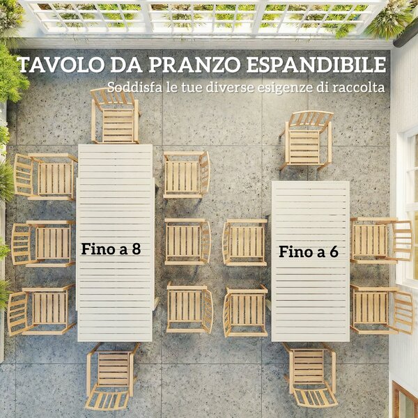 Outsunny Tavolo da Giardino Allungabile per 6-8 Persone, in Alluminio con Piano a Doghe, Bianco | Aosom Italy