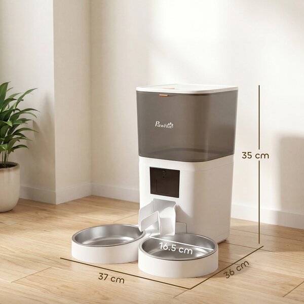 PawHut Distributore Automatico Cibo Gatti 6L WiFi 2.4G, App Controllo con Timer, 1-10 Pasti al Giorno, Registratore 10s, 2 Ciotole in Acciaio Inox | Aosom Italy