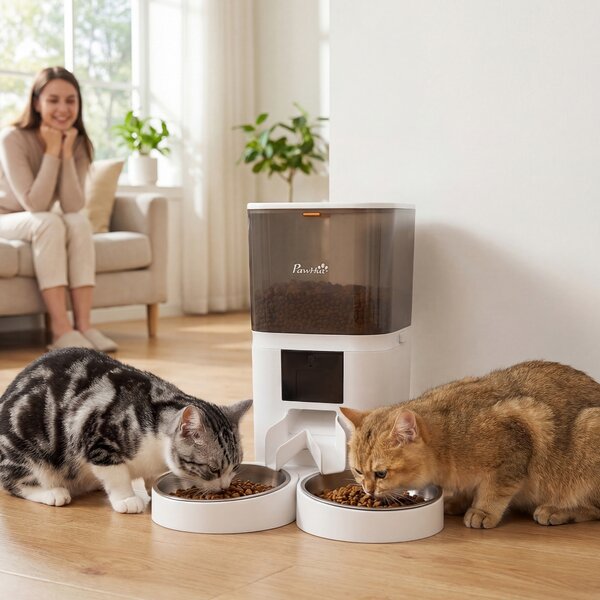 PawHut Distributore Automatico Cibo Gatti 6L WiFi 2.4G, App Controllo con Timer, 1-10 Pasti al Giorno, Registratore 10s, 2 Ciotole in Acciaio Inox | Aosom Italy