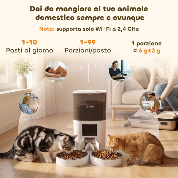 PawHut Distributore Automatico Cibo Gatti 6L WiFi 2.4G, App Controllo con Timer, 1-10 Pasti al Giorno, Registratore 10s, 2 Ciotole in Acciaio Inox | Aosom Italy