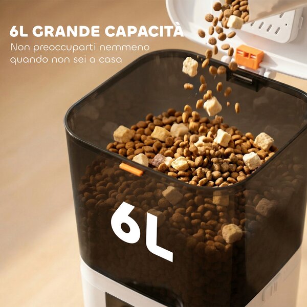 PawHut Distributore Automatico Cibo Gatti 6L WiFi 2.4G, App Controllo con Timer, 1-10 Pasti al Giorno, Registratore 10s, 2 Ciotole in Acciaio Inox | Aosom Italy