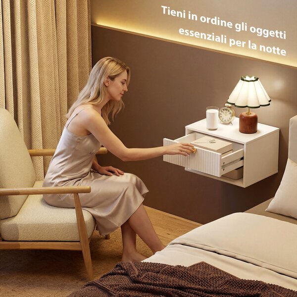 HOMCOM Set di 2 Comodini Sospesi con Cassetto Decorato e Mensola Aperta, Bianco | Aosom Italy
