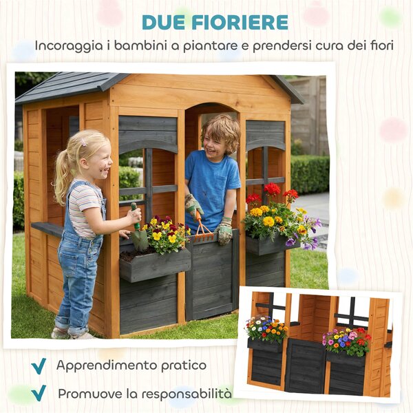 AIYAPLAY Casetta in Legno Bambini con Vasi Fiori, per Gioco Esterno/Interno, Età 3–8, Marrone | Aosom Italy
