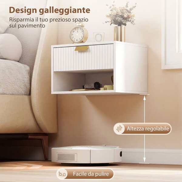 HOMCOM Set di 2 Comodini Sospesi con Cassetto Decorato e Mensola Aperta, Bianco | Aosom Italy