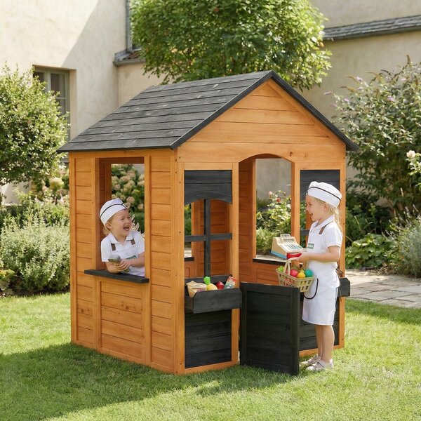 AIYAPLAY Casetta in Legno Bambini con Vasi Fiori, per Gioco Esterno/Interno, Età 3–8, Marrone | Aosom Italy