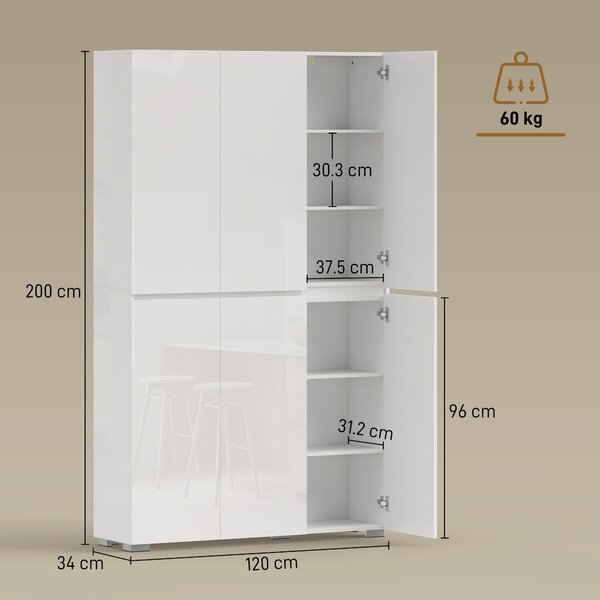 HOMCOM Buffet alto cucina armadio da cucina a finitura lucida 6 porte con chiusura ammortizzata ripiani regolabili bianco | Aosom Italy