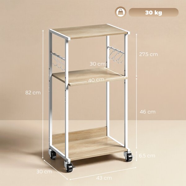 HOMCOM 3-Livelli Stampante Supporto con Ruote e Ganci, Tavolino Moderno, Naturale. | Aosom Italy