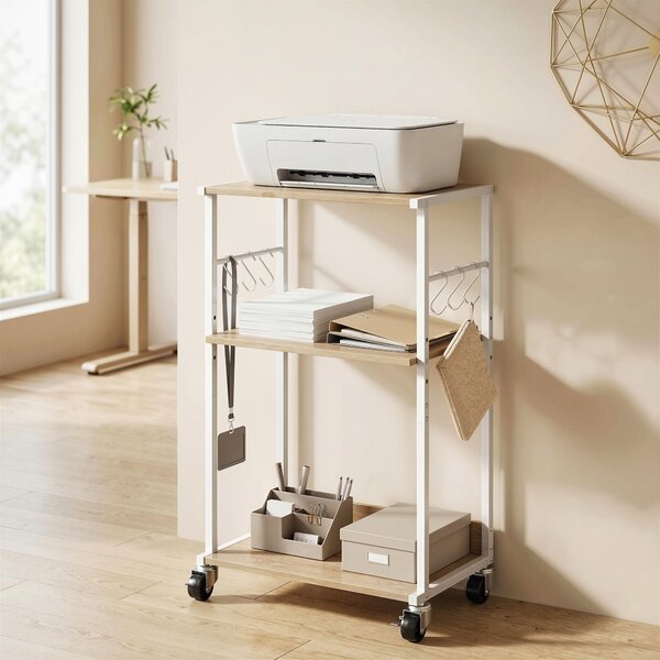 HOMCOM 3-Livelli Stampante Supporto con Ruote e Ganci, Tavolino Moderno, Naturale. | Aosom Italy