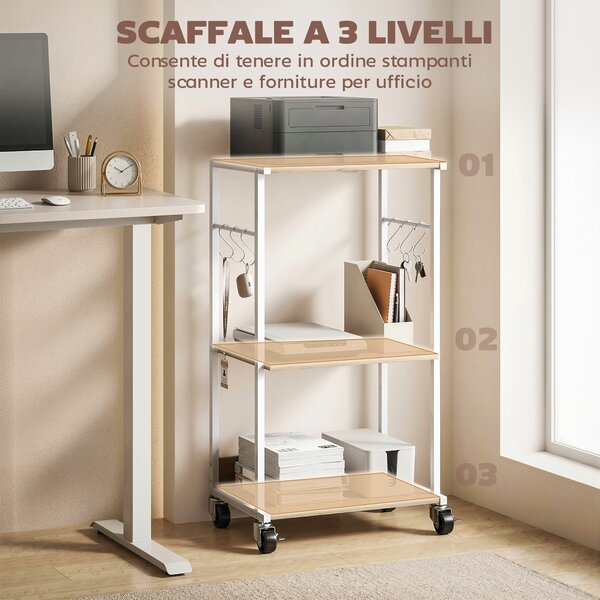 HOMCOM 3-Livelli Stampante Supporto con Ruote e Ganci, Tavolino Moderno, Naturale. | Aosom Italy
