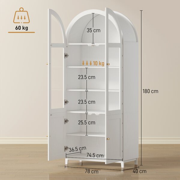 HOMCOM Armadio da cucina, vetrina con 4 ante di cui 2 in acrilico e ripiani regolabili, 78 x 40 x 180 cm, bianco | Aosom Italy