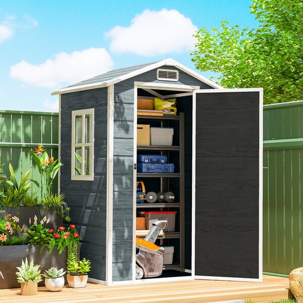 Outsunny Capanno da giardino in plastica con pavimento porta richiudibile finestra e ventilazione 128 x 104 x196 cm grigio | Aosom Italy