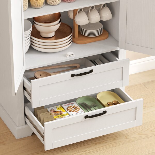 HOMCOM Credenza alta da cucina, armadio da cucina con 2 porte, 2 cassetti, ripiani regolabili, stile rustico, 76x40x180cm, bianco | Aosom Italy