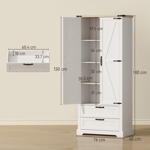 HOMCOM Credenza alta da cucina, armadio da cucina con 2 porte, 2 cassetti, ripiani regolabili, stile rustico, 76x40x180cm, bianco | Aosom Italy