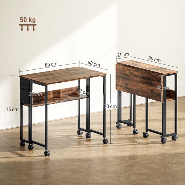 HOMCOM Scrivania pieghevole su ruote 80 x 50 cm con ripiano e borsa portaoggetti, marrone rustico | Aosom Italy