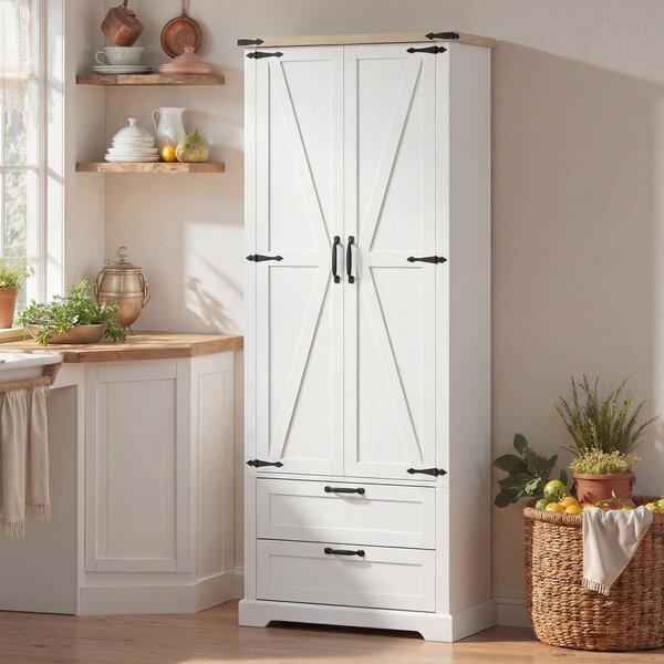 HOMCOM Credenza alta da cucina, armadio da cucina con 2 porte, 2 cassetti, ripiani regolabili, stile rustico, 76x40x180cm, bianco | Aosom Italy