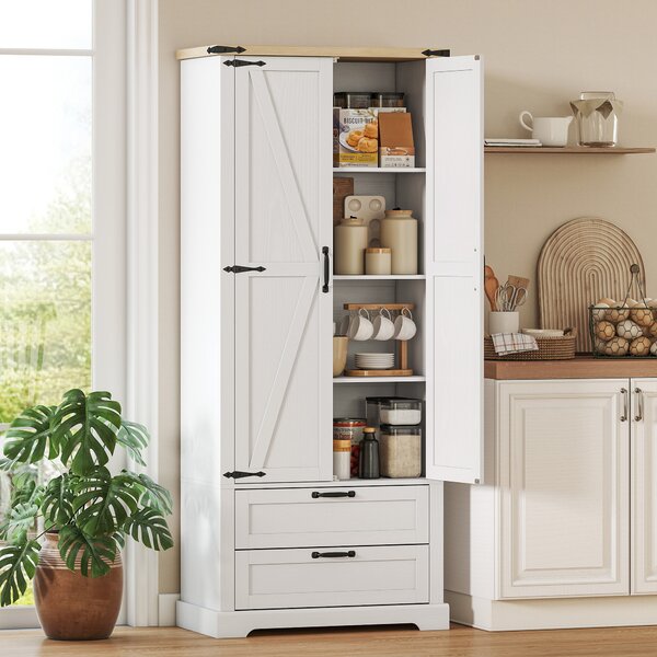 HOMCOM Credenza alta da cucina, armadio da cucina con 2 porte, 2 cassetti, ripiani regolabili, stile rustico, 76x40x180cm, bianco | Aosom Italy