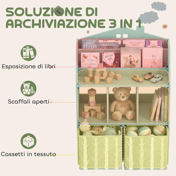 AIYAPLAY Scaffale Portagiochi Bambini in Legno FSC, 2 Contenitori Rimovibili in Tessuto e Ripiani, per Cameretta, Verde | Aosom Italy