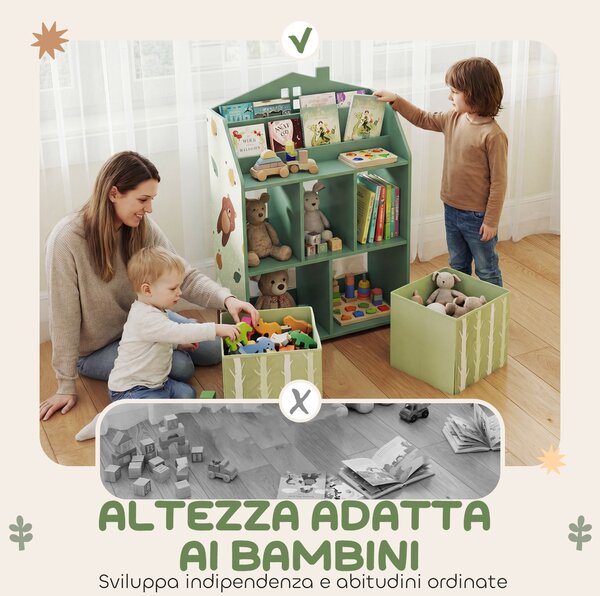 AIYAPLAY Scaffale Portagiochi Bambini in Legno FSC, 2 Contenitori Rimovibili in Tessuto e Ripiani, per Cameretta, Verde | Aosom Italy